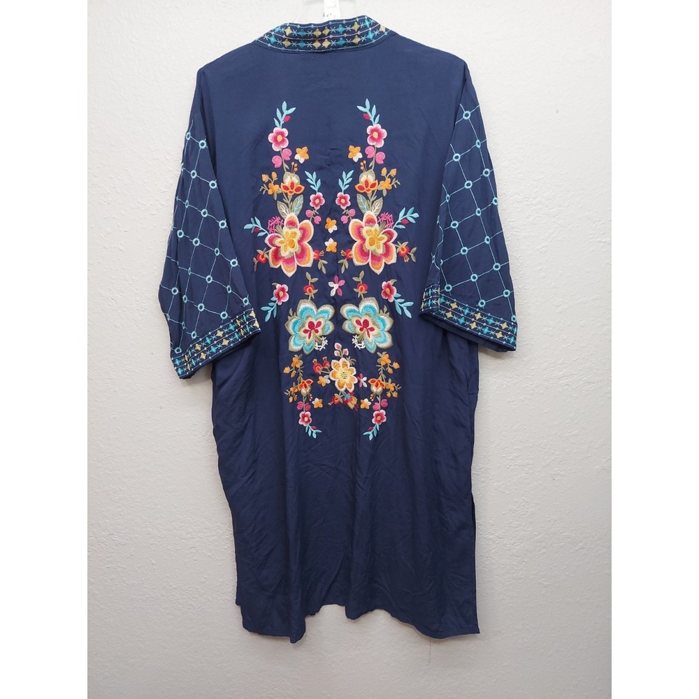 Paparazzi BIZ Kimono Duster Women L/XL Blue Floral Embroidered Maxi Western Boho
